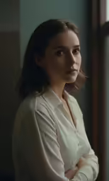 a woman leaning on a window and looking out the window