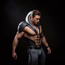 the male bodybuyer, wearing a black and white suit