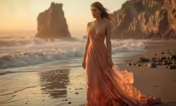 a woman standing on the beach in a dress