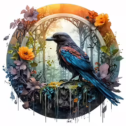bird on the branch and flowers surrounding it