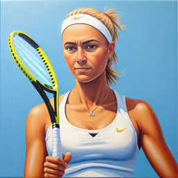 a painting of a tennis player holding a racket,painting of woman tennis player with a racket