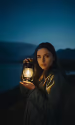 a woman holding an illuminated lantern on a dark night