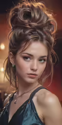 a beautiful woman wearing a dark dress and jewelry