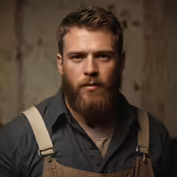 a bearded man with suspenders posing for a picture