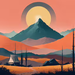 a poster of a desert with mountains in the background,there is a large, brightly colored mountain with an orange sky