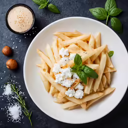 some fries with butter and herbs on a black background