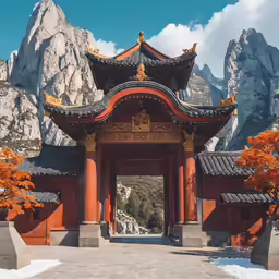 a red pagoda sitting next to a mountain with snow on the ground