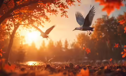 a flock of birds flying over a forest at sunset