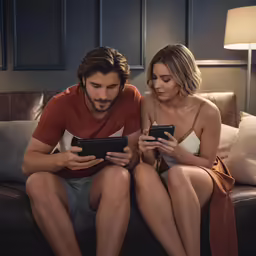 man and woman using electronic devices on a couch
