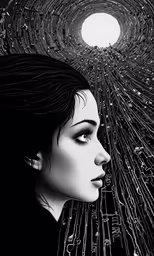 a woman with her head out surrounded by wires