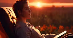 woman sitting with her book in hands at the end of sunset,a woman is sitting in a chair and holding a book as the sun sets