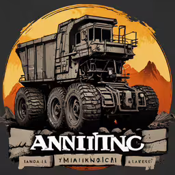 a large truck with an orange circle and yellow sky in the background,an illustration of a dump truck with a yellow and orange background