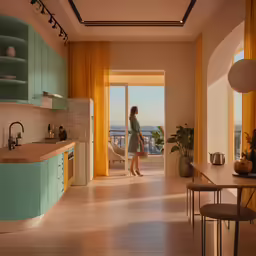 a woman stands in the doorway of a home
