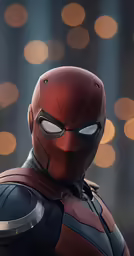 the red deadpool with chrome eyes and armor