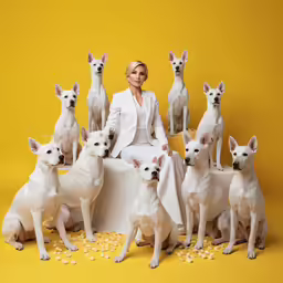 there is a woman surrounded by many white dogs