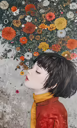 a young girl with a flower head covering her eyes