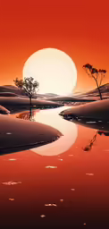 a sunset reflecting a tree in the water