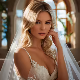 a woman wearing a bridal dress and veil, posing in front of a window