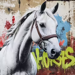 a white horse in front of graffiti that reads