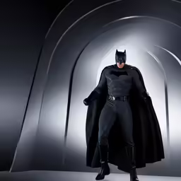 batman in black and white is standing in an arch