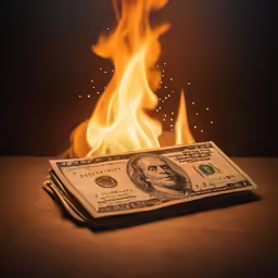 a stack of twenty dollars is on fire with the flame in the background