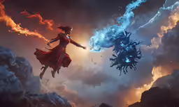 an animated woman flying in the sky above clouds and fire