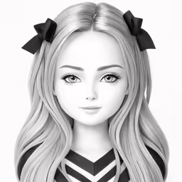 the head of a woman with long blonde hair wearing bows