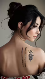 an attractive young woman with tattoos on her back