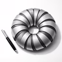 an aluminum donut sits with a pen nearby