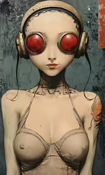 a girl with headphones and a bra is in front of a background