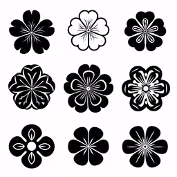 six different flower designs on white background,the flower logos are on black and white