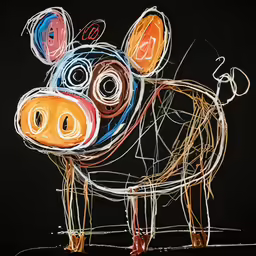 the colorful drawing of a pig is on display