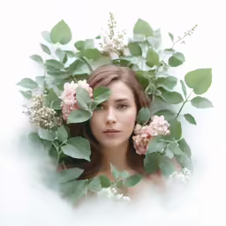a woman surrounded by flowers and leaves on a white background