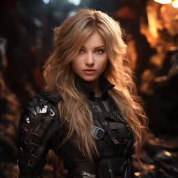a woman wearing a black jacket and an armor,a girl in black is posing with her long blond hair