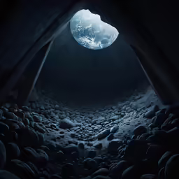 dark cave with large open door leading to light