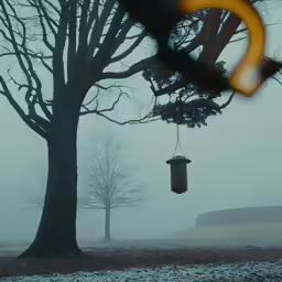 foggy park with bird feeder hanging from tree