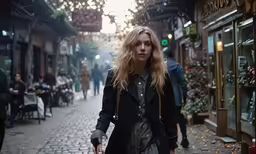 a woman walking down a street next to people