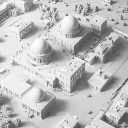 an aerial view of a town with a very large mosque