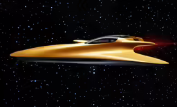 a gold flying object with a red beam is in the air