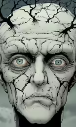 a digital artwork of a man with white hair and a face with his eyes opened