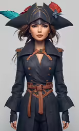 a woman with an extravagant hat and trenchcoat