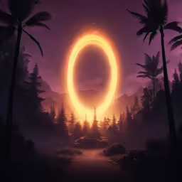 an artistic landscape that looks like an eclipse between palm trees