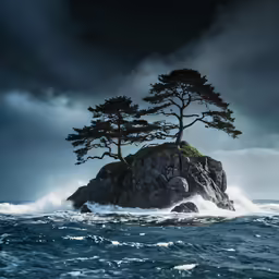 three trees on an island in the middle of the ocean