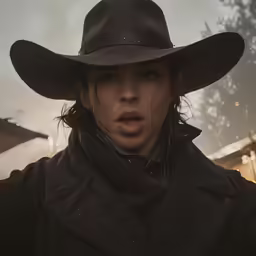 a man in a brown cowboy hat and black coat