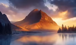 a lake with some mountains in the background