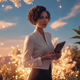 a woman standing outside holding a tablet and flowers