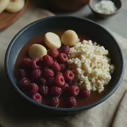 bowl of food with raspberries, corn and rice