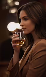 woman with glasses staring on a camera and drinking from the glass