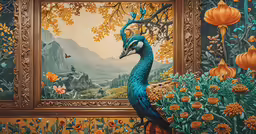 peacock painting next to an ornately decorated picture frame