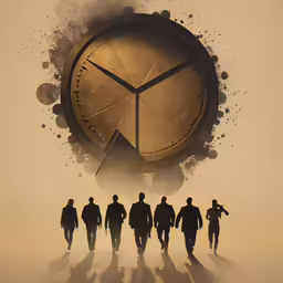 an animated image of a group of people with an analog clock